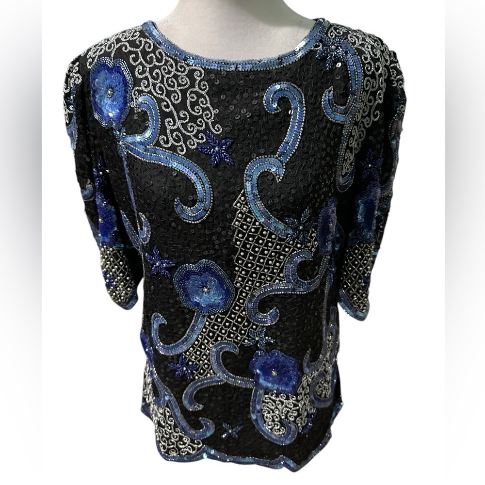 Elegant 100% pure silk Black and Blue Women's Top size M - Picture 2 of 9